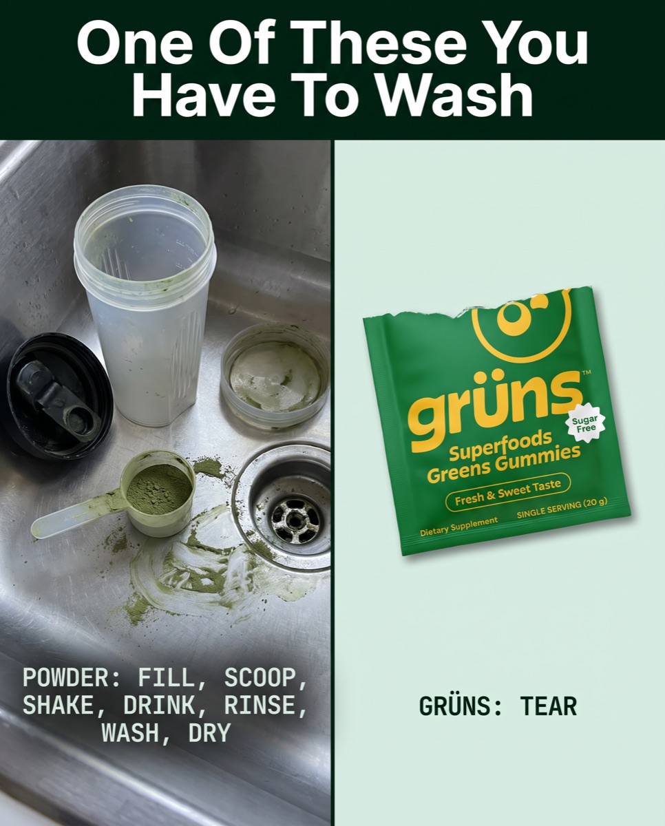 Greens gummies against a sink full of greens powder washing up