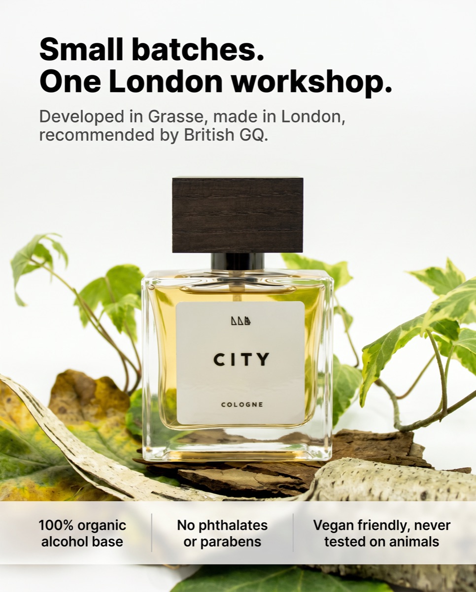 Small batch London cologne photographed on leaves and bark
